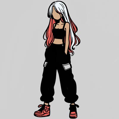 girl in baggy pants crop top and long hair