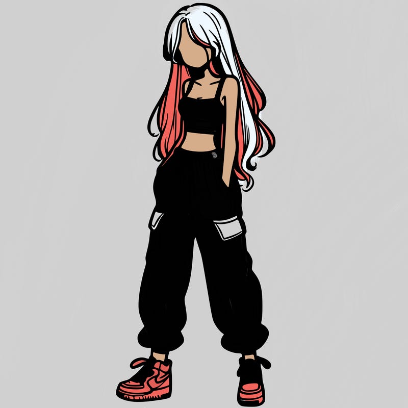 girl in baggy pants crop top and long hair