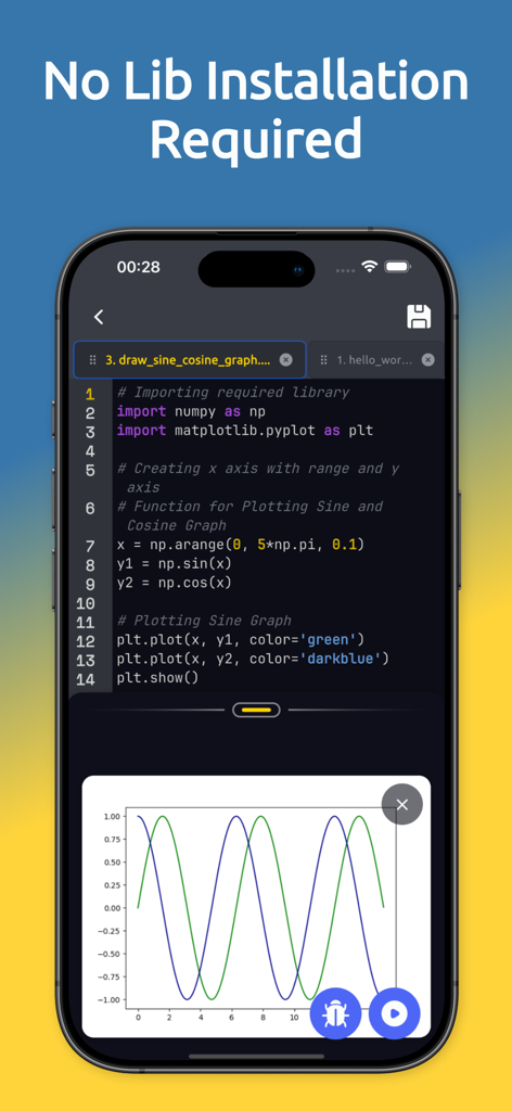 Python Coding Editor 3 IDE App - Un smartphone mostrando la interfaz de un IDE móvil Python con código y un gráfico de onda sinusoidal generado que ilustra las bibliotecas preinstaladas