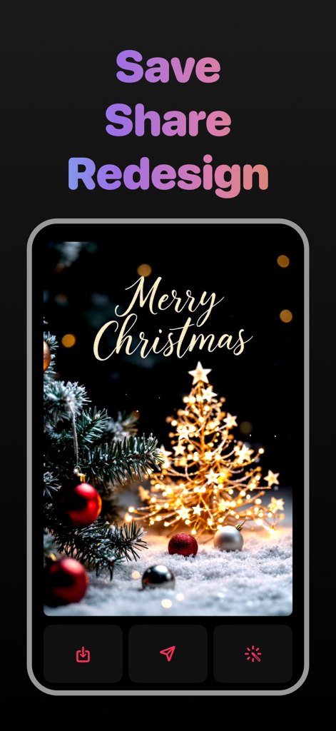 Wish Card Kit – Love Messages - Aplicación móvil Wish Card Kit mostrando una tarjeta de Feliz Navidad con opciones para guardar, compartir y rediseñar