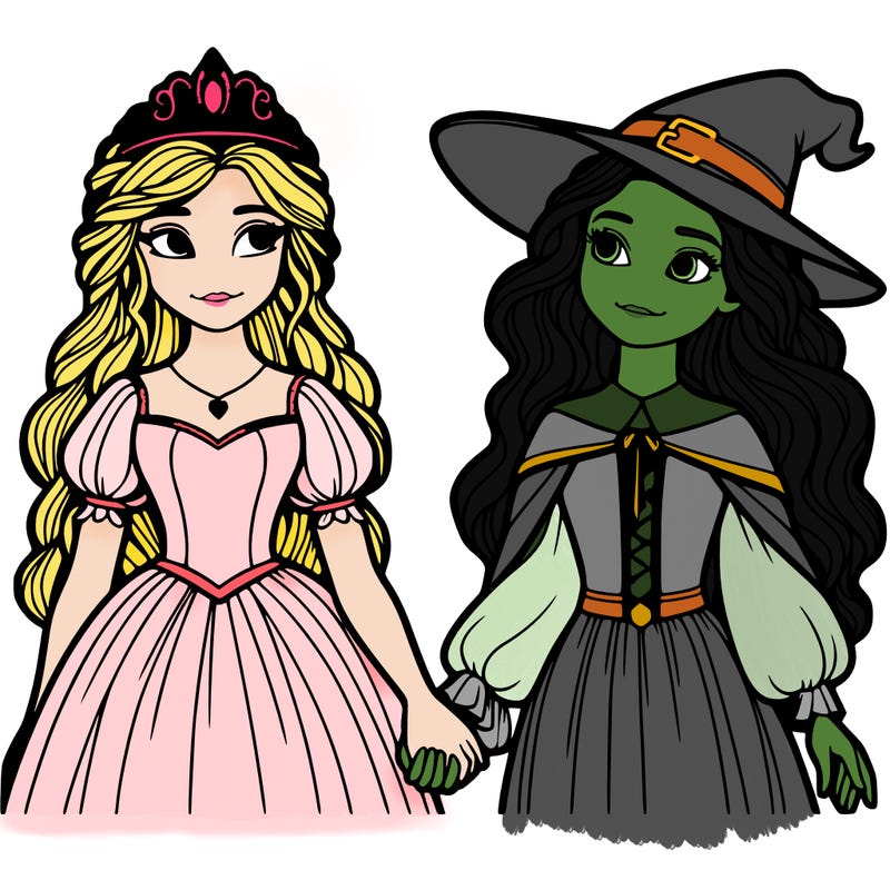 a princess and a witch holding hands realistic
