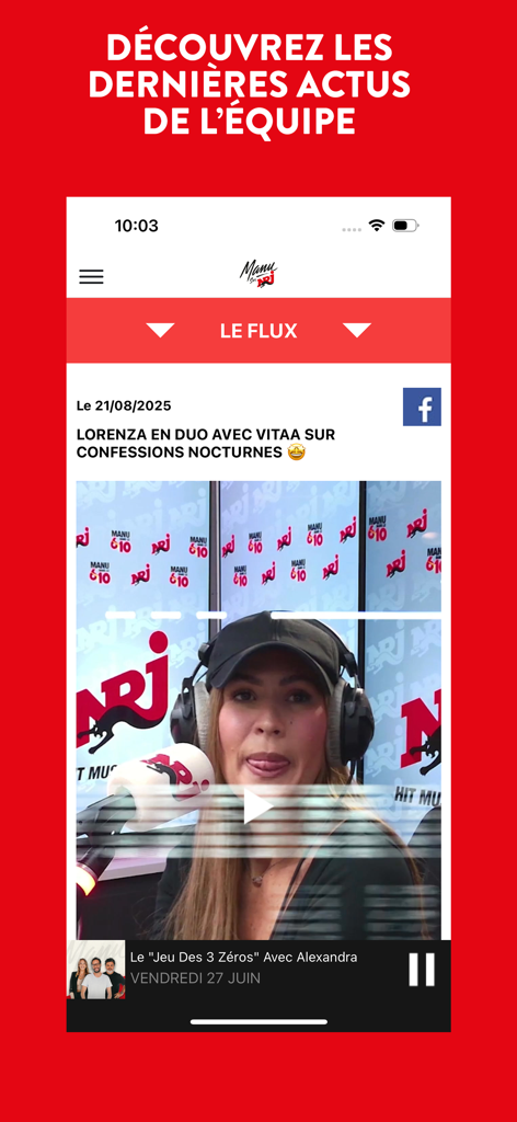 Manu sur NRJ - Section du fil d'actualité de l'application Manu sur NRJ présentant des vidéos et des moments forts de l'émission.