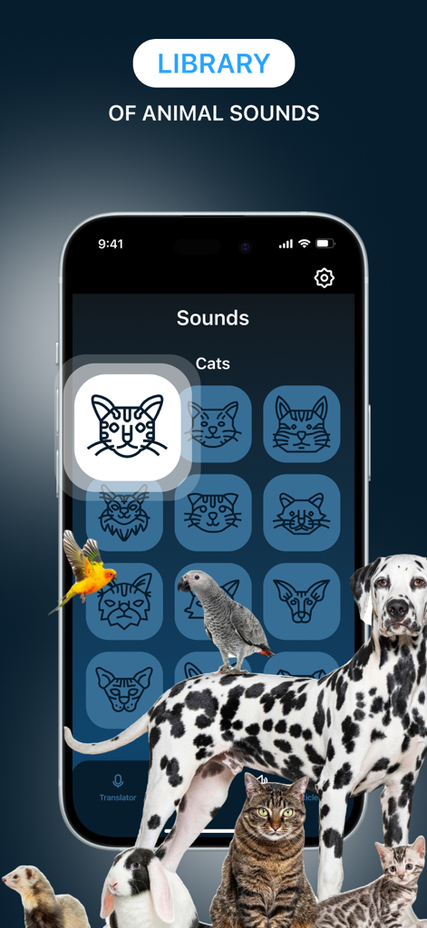 Animal Sound: Training Clicker - 犬、オウム、猫、ウサギの画像に囲まれた猫のサウンドアイコンのライブラリを表示するスマートフォン
