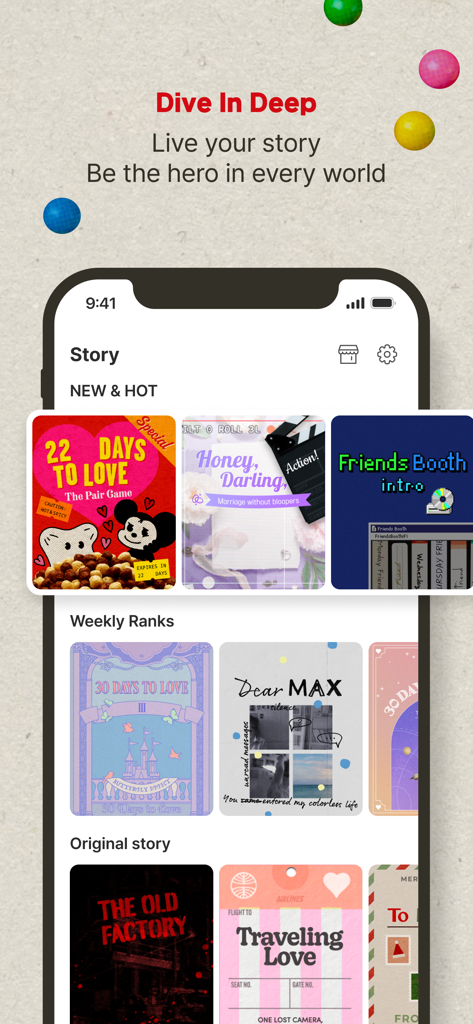 Picka: Virtual Messenger - A mobile screen showing the story selection menu of the Picka app with various interactive chat titles