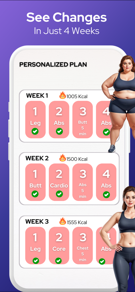 Pilates Workout at Home - Personalized 4-week Pilates workout plan showing weekly exercises and body transformation progress.