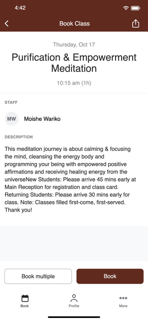 THE YOGA BARN BALI - Screenshot of The Yoga Barn Bali app showing the booking details for a Purification and Empowerment Meditation class.