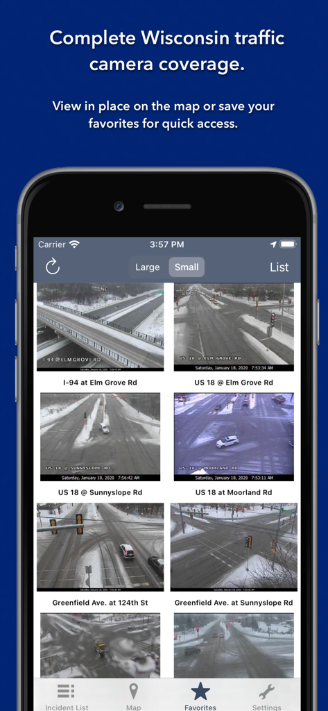 Wisconsin State Roads - Screenshot of the Wisconsin State Roads app showing a grid of live traffic camera feeds with winter road conditions in the favorites view.
