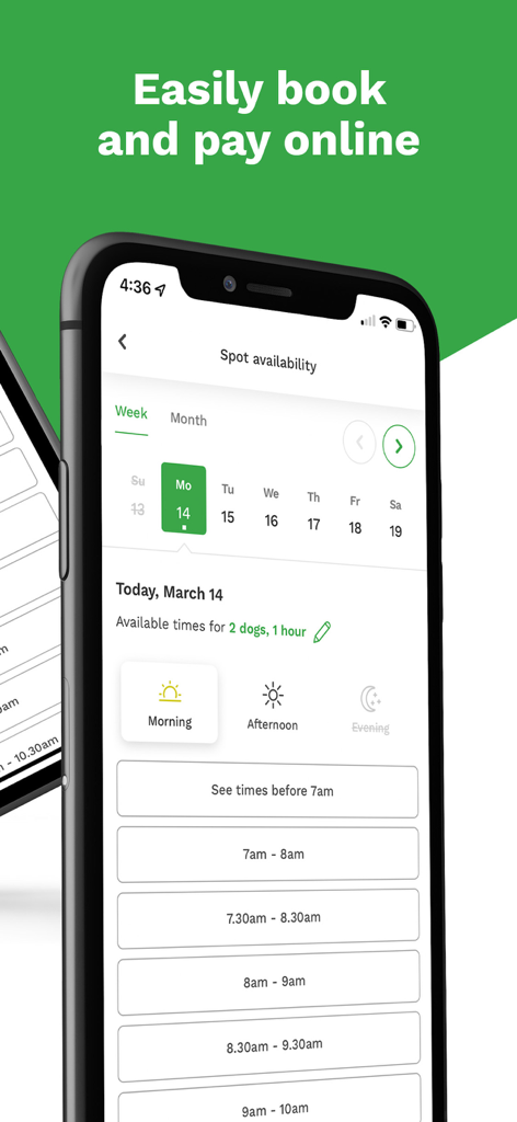 Interface de l'application Sniffspot montrant le calendrier de disponibilité et les créneaux horaires pour réserver un parc pour chiens privé.