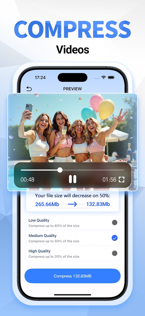 Super Cleaner: AI Cleaner - Interfaz de la aplicación Super Cleaner que demuestra la compresión de video y las opciones de ahorro de almacenamiento.