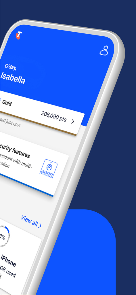 The My Telstra app home screen displaying user information and reward points