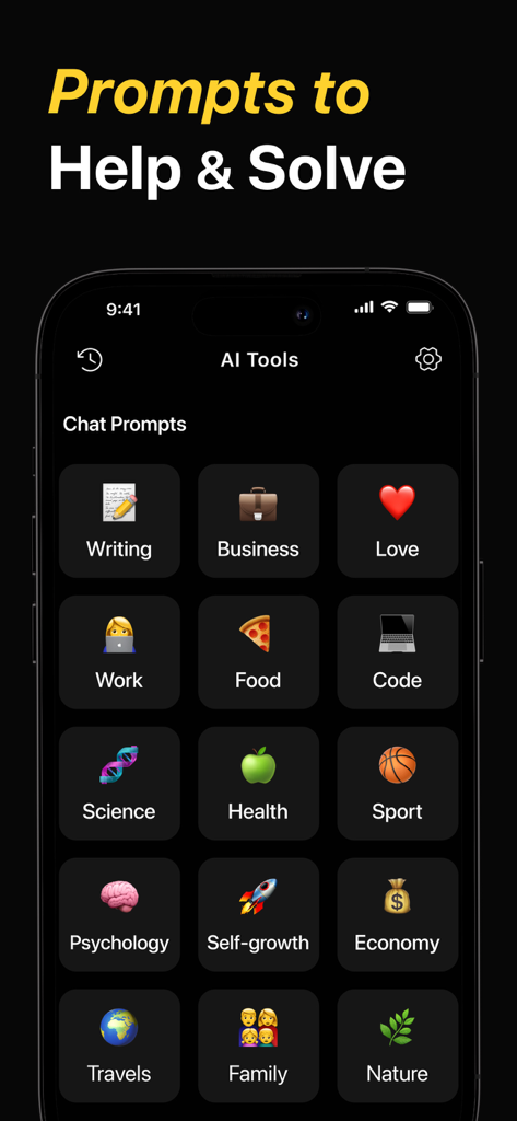 Chat AI Plus - Una pantalla móvil que muestra varias categorías de indicaciones de chat IA que incluyen escritura, negocios y salud