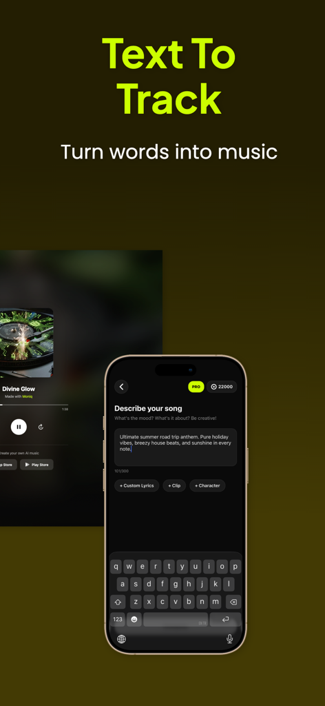 Moniq - Interfaz de la app Moniq mostrando cómo convertir descripciones de texto en pistas de música original con IA