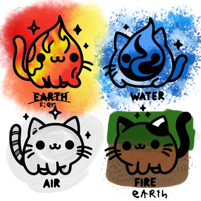 4 cats that represent the different elements, earth, water, air, and fire