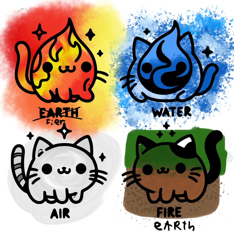 4 cats that represent the different elements, earth, water, air, and fire