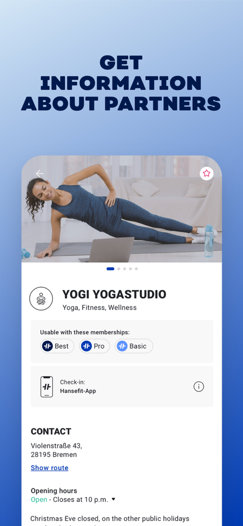 Hansefit - Mobile app interface displaying details for a partner yoga studio with membership types and contact info