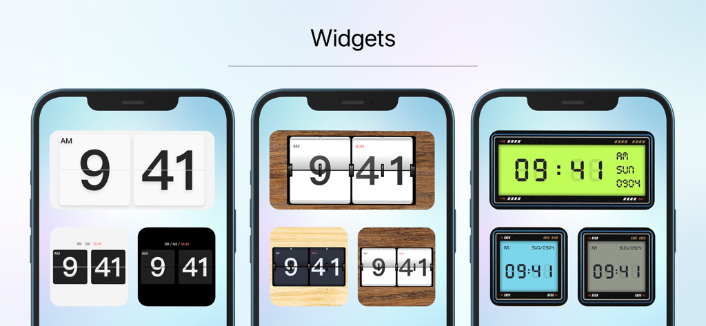 Variety of minimalist and retro clock widgets on iPhone home screens