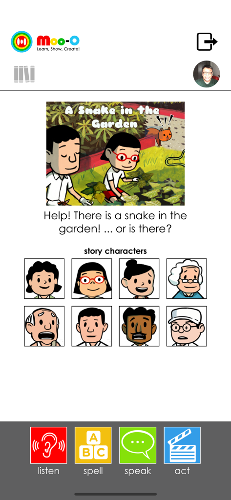Moo-O - The Moo-O app interface showing a story titled A Snake in the Garden with character selection and learning icons
