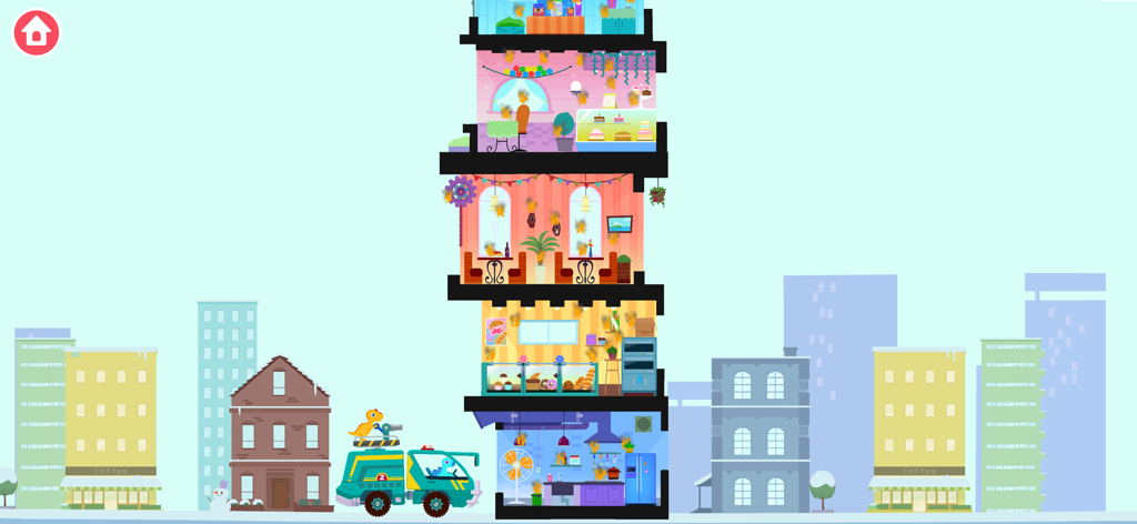 A cartoon dinosaur firefighter on a green truck extinguishing fires in a multi-story building