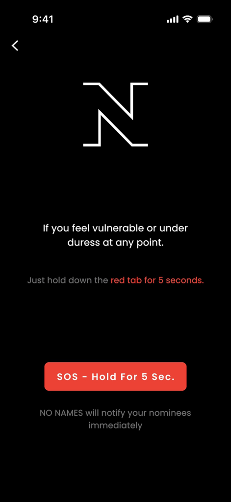 Tela do recurso de botão de pânico SOS de emergência no aplicativo de clube social exclusivo NO NAMES