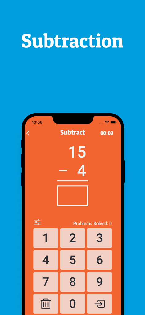 Math Practice: Math Whiz Kids - Subtraction exercise screen in the Math Whiz Kids app featuring a math problem and a numeric keypad