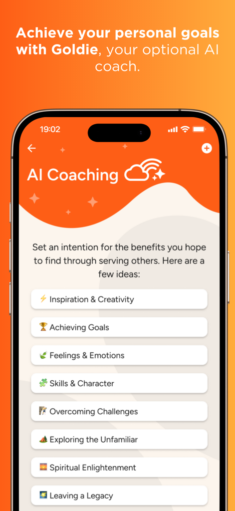 Golden: Volunteer Portal - Golden Volunteer Portal AI Coaching screen with personal goals options like inspiration and achieving goals