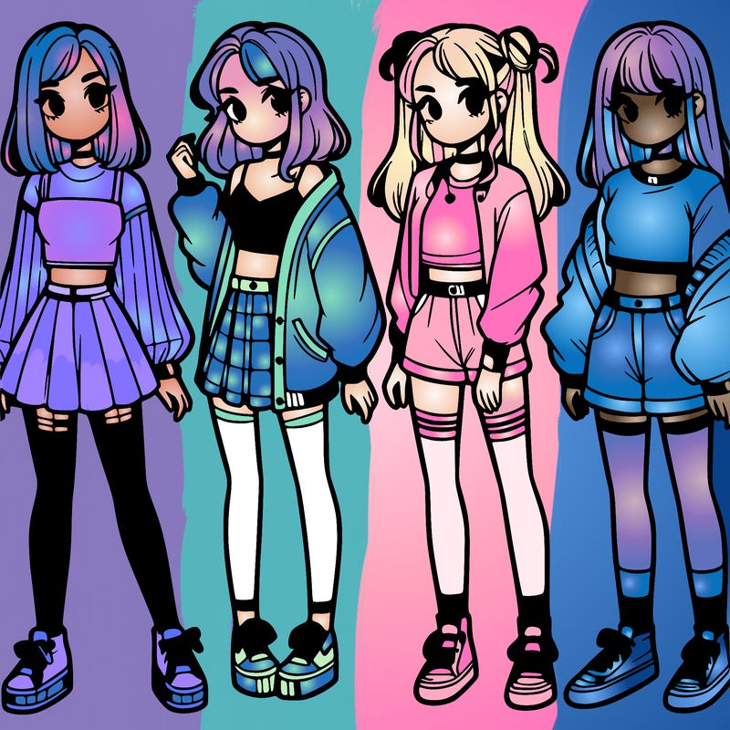 one girl with crop-top shirt and a jacket with a skirt, long socks and another girl with a shirt and pants with a jacket