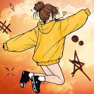 realistic girl jumping with a bun and oversized sweatshirt