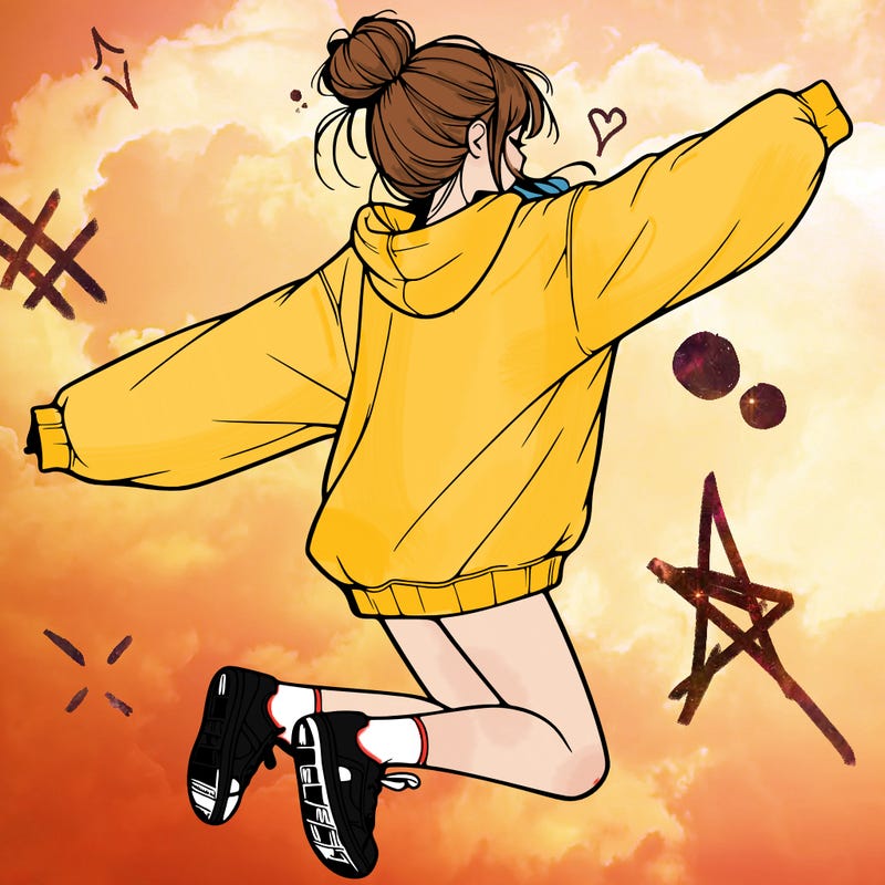 realistic girl jumping with a bun and oversized sweatshirt