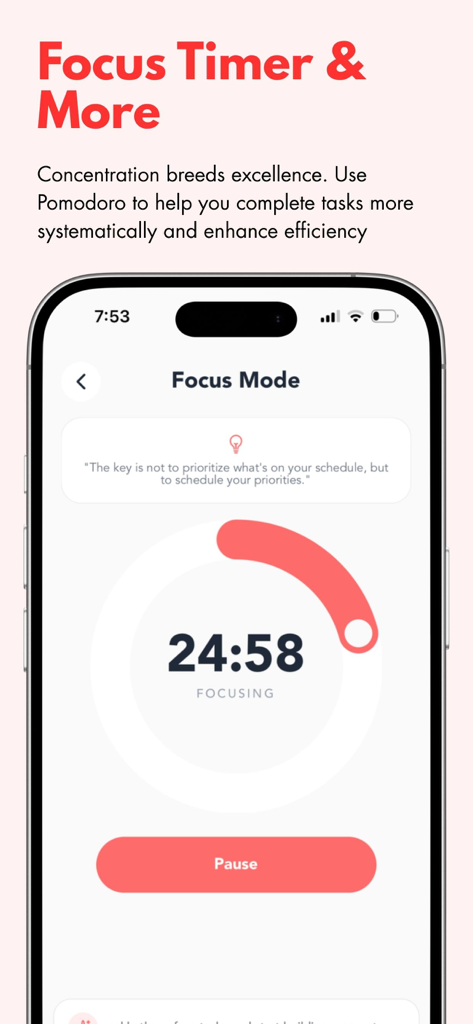 Uma captura de tela do aplicativo OneMind mostrando o Modo Foco com um timer Pomodoro e uma citação de produtividade.