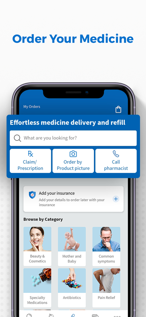 Vezeeta-App-Bildschirm zur Bestellung von Medikamenten und Apothekenprodukten mit Kategorien wie Schmerzlinderung und Antibiotika