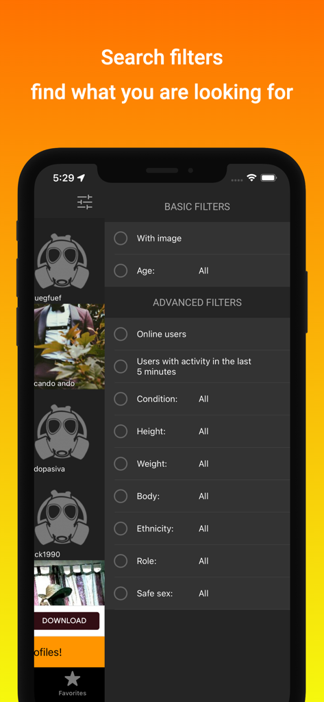Xtudr - Gay chat - Tela do aplicativo Xtudr mostrando filtros de pesquisa avançados para a comunidade de fetiches gays