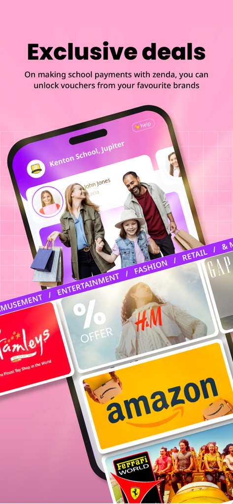 Mobile screen showing exclusive brand rewards and vouchers for school fee payments on Zenda