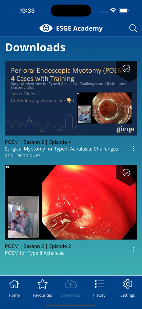 ESGE Academy - Página de downloads do aplicativo móvel ESGE Academy mostrando vídeos de treinamento em endoscopia gastrointestinal.
