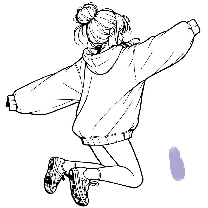 realistic girl jumping with a bun and oversized sweatshirt