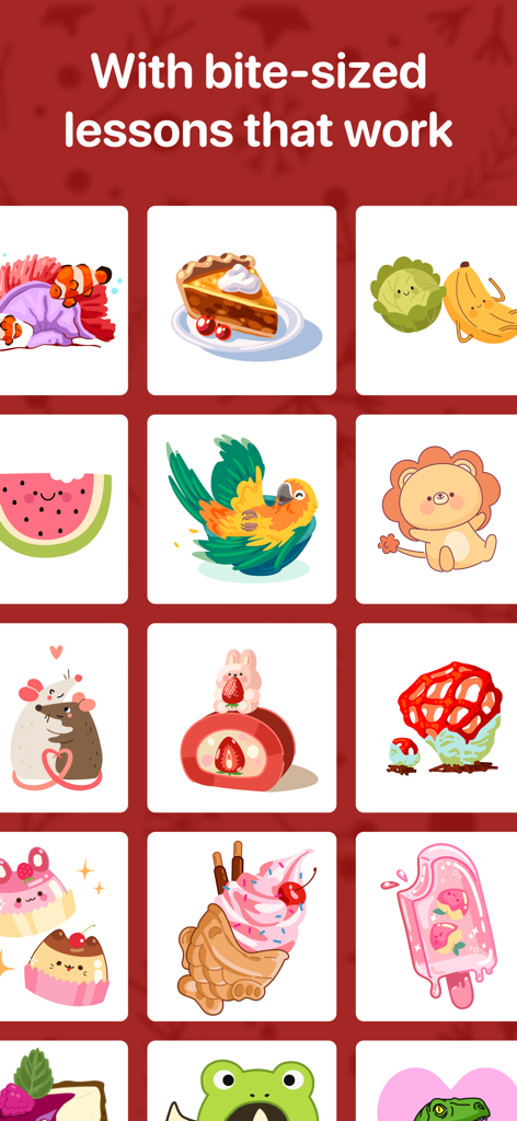 Una griglia di illustrazioni colorate e carine per lezioni di disegno brevi nell'app ArtWorkout.