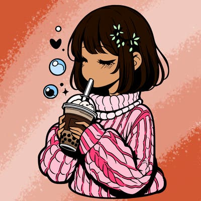 manga girl drinking boba in cozy sweater