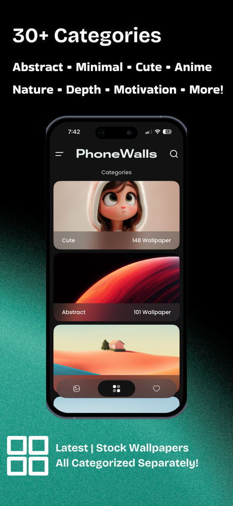 4K Wallpapers - PhoneWalls HD - Pantalla de smartphone mostrando la aplicación PhoneWalls con más de treinta categorías de fondos de pantalla