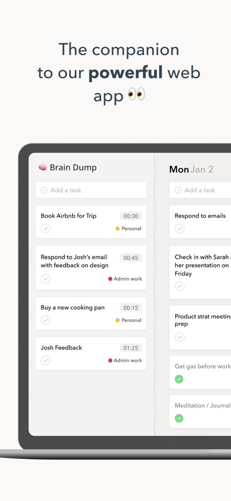 Ellie Daily Planner interface showing Brain Dump and Monday task list.