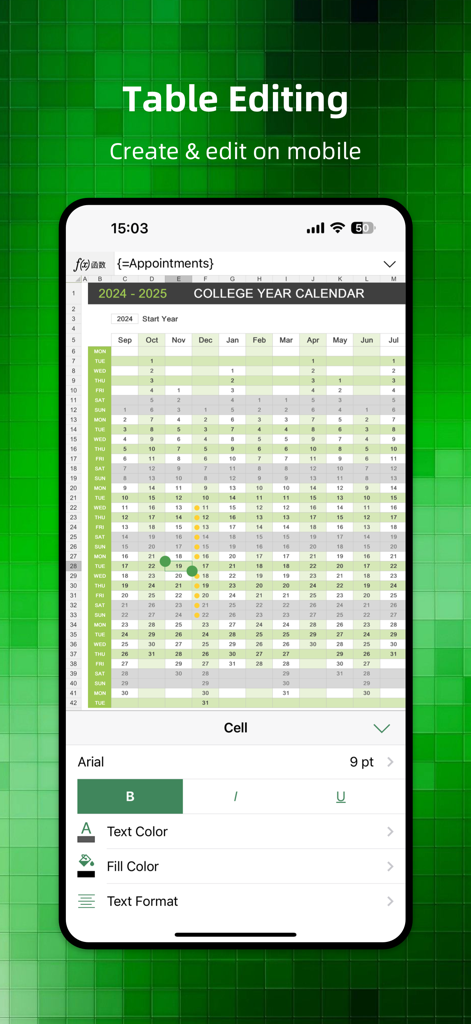 Spreadsheets Editor-Sheet View - Smartphone screen showing the Spreadsheets Editor app with a college year calendar and cell formatting tools.