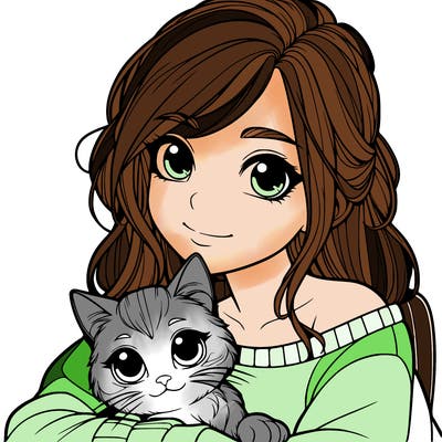 a realistic girl with a cat on her lap