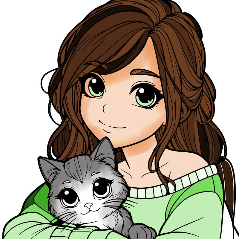 a realistic girl with a cat on her lap