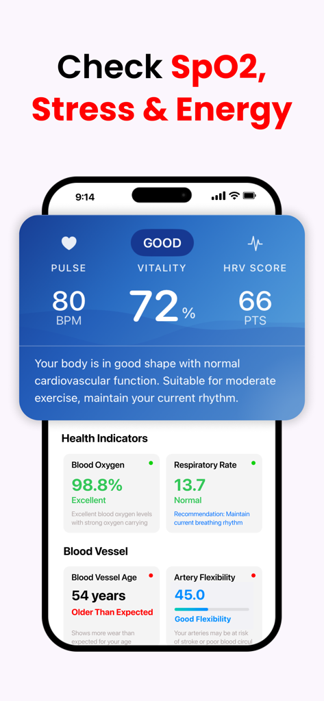 BPCare AI app screen displaying pulse, blood oxygen, vitality, and heart rate variability metrics.