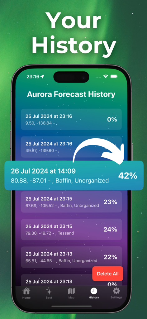 Mobile app interface of Northern Lights Tracker showing a list of past aurora forecast probabilities with location data and time stamps.