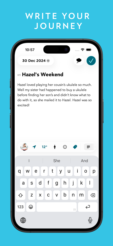 Un smartphone mostrando la interfaz de la aplicación Journey con una entrada de diario titulada Fin de semana de Hazel y un teclado en pantalla.