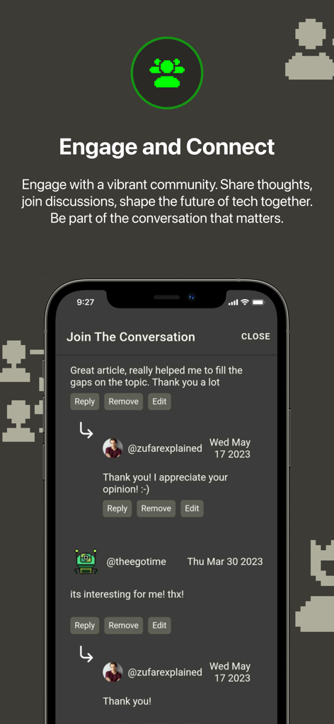HackerNoon app interface displaying a threaded conversation in the community section.