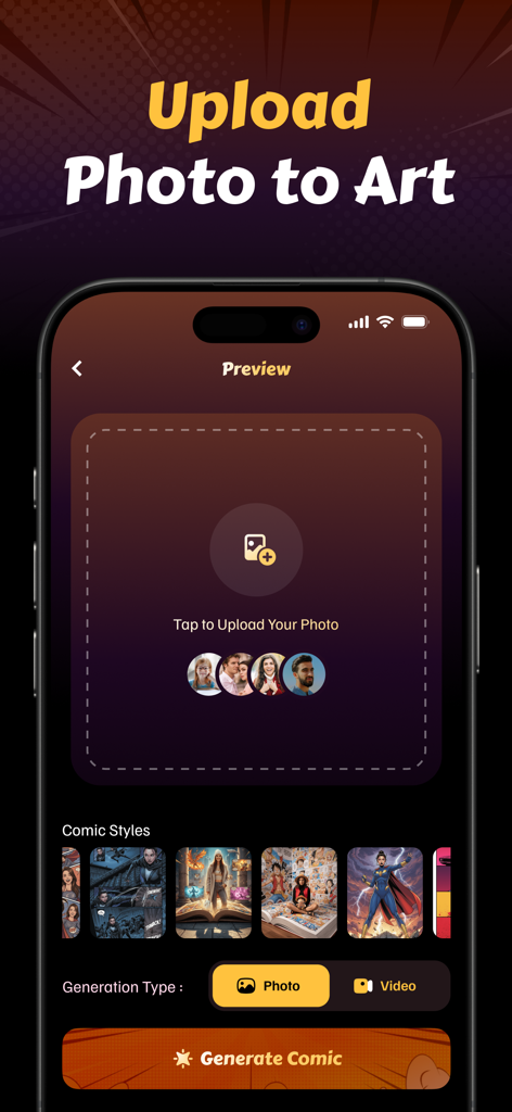 Interface of the AI Comic Generator app showing the photo upload and comic style selection screen