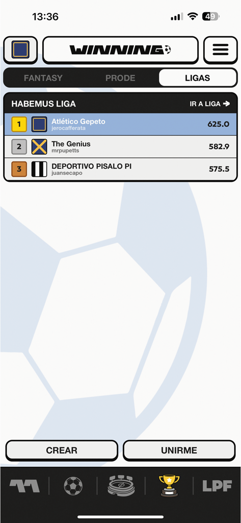Winning Argentina - Winning Argentina app screenshot showing fantasy league rankings and options to create or join a league.