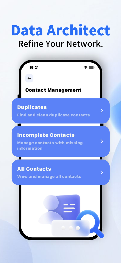 Ai Clean Master: Free Up Space - Ai Clean Master app screen for managing contacts including finding duplicates and merging incomplete entries