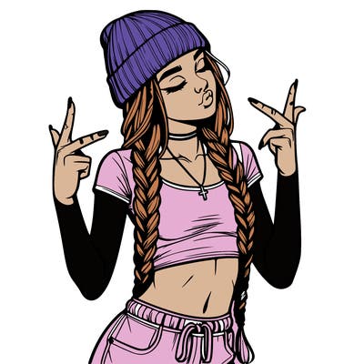 realistic teenage girl with braids and a beanie and crop top doing 🫶🏼
