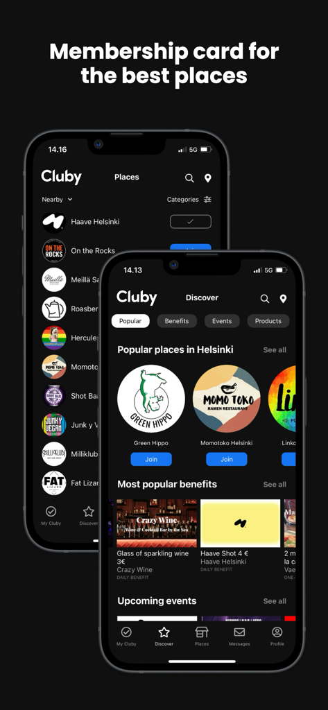 Cluby App-Screenshots, die beliebte lokale Veranstaltungsorte und Vorteile für soziale Mitgliedschaften zeigen
